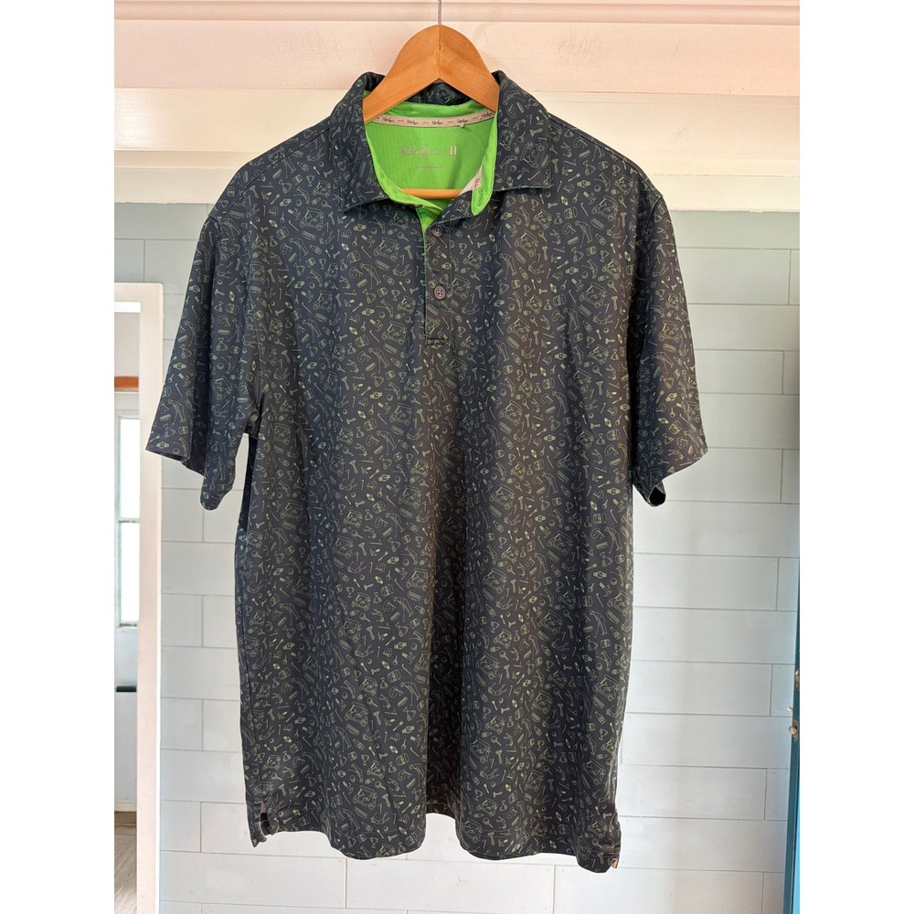 Walter Hagen Eleven Mens Golf Polo Shirt Navy Lime Green Novelty Print Large